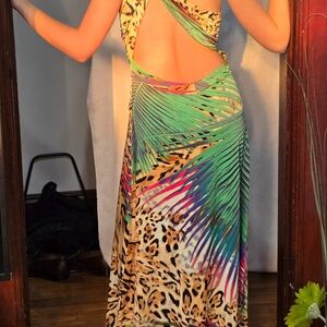 Tropical Print Backless Maxi Dress